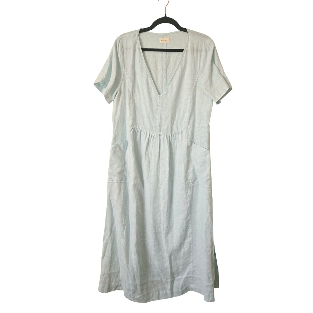 Poetry Womens 14 Linen Maxi Dress Light Blue V-Neck Pocket *Missing Side Buttons